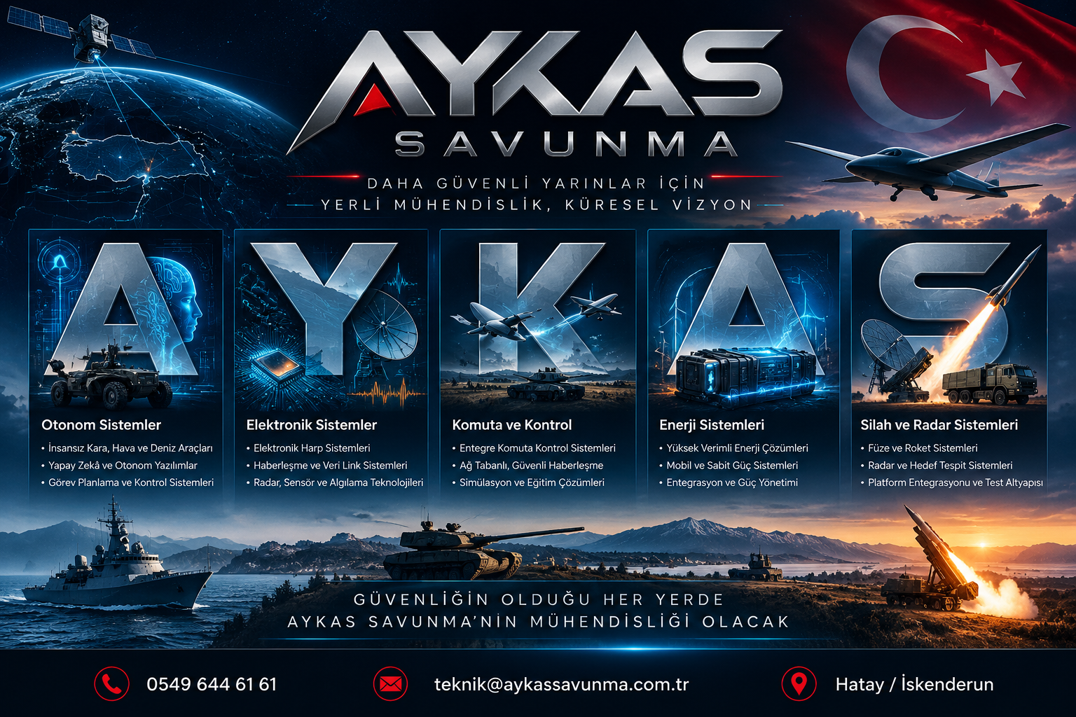 AYKAS SAVUNMA: otonom sistemler, elektronik sistemler, komuta ve kontrol, enerji sistemleri, silah ve radar sistemleri.